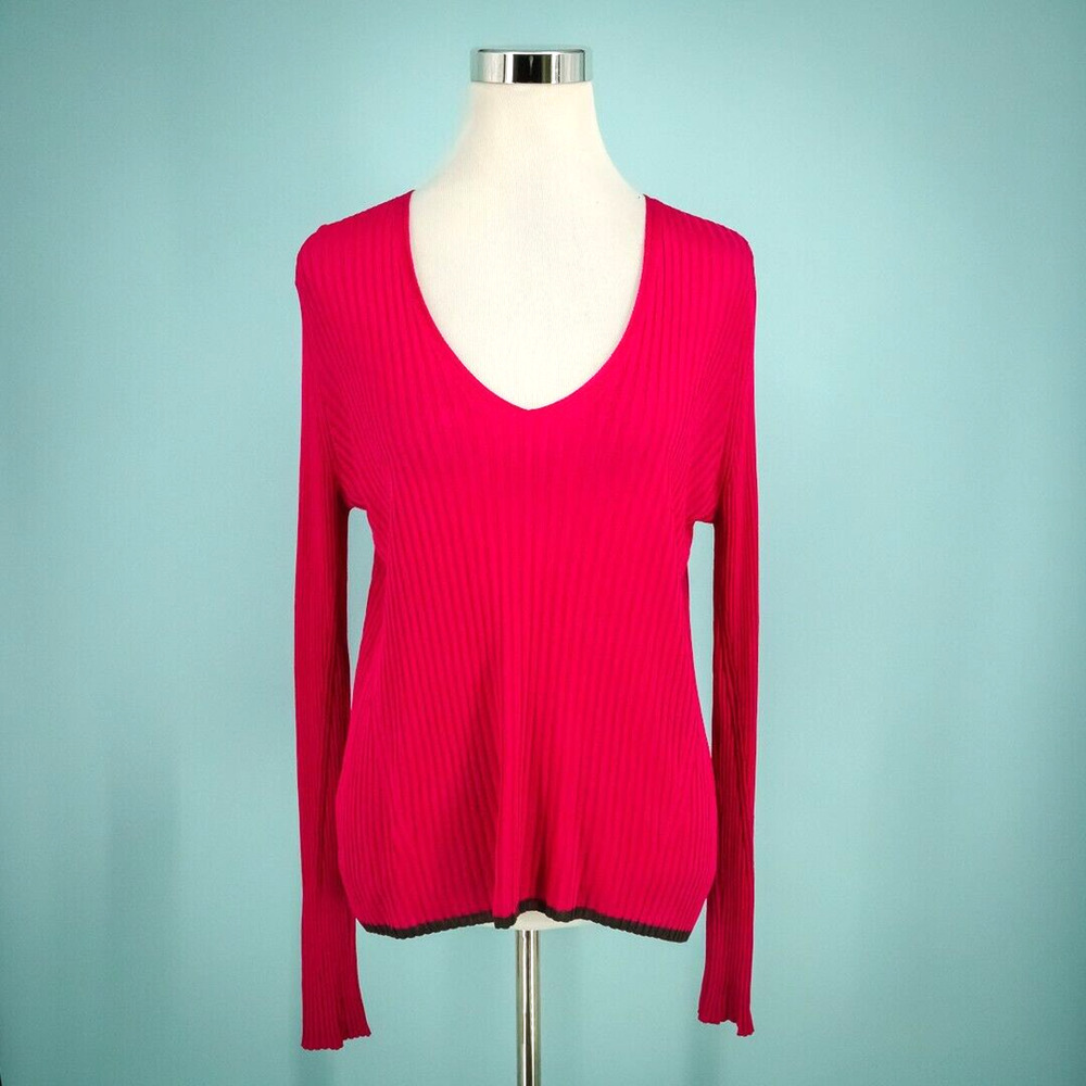 Rag & Bone Size Medium M Pink Ribbed Knit Brown Trim V Neck Long Sleeve Knit Top